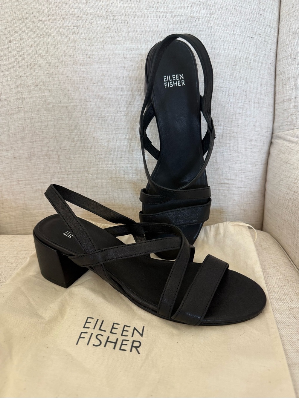 New Eileen Fisher Giga Block Heel Slingback Sandal Black Leather Women’s 9.5 - Picture 2 of 9